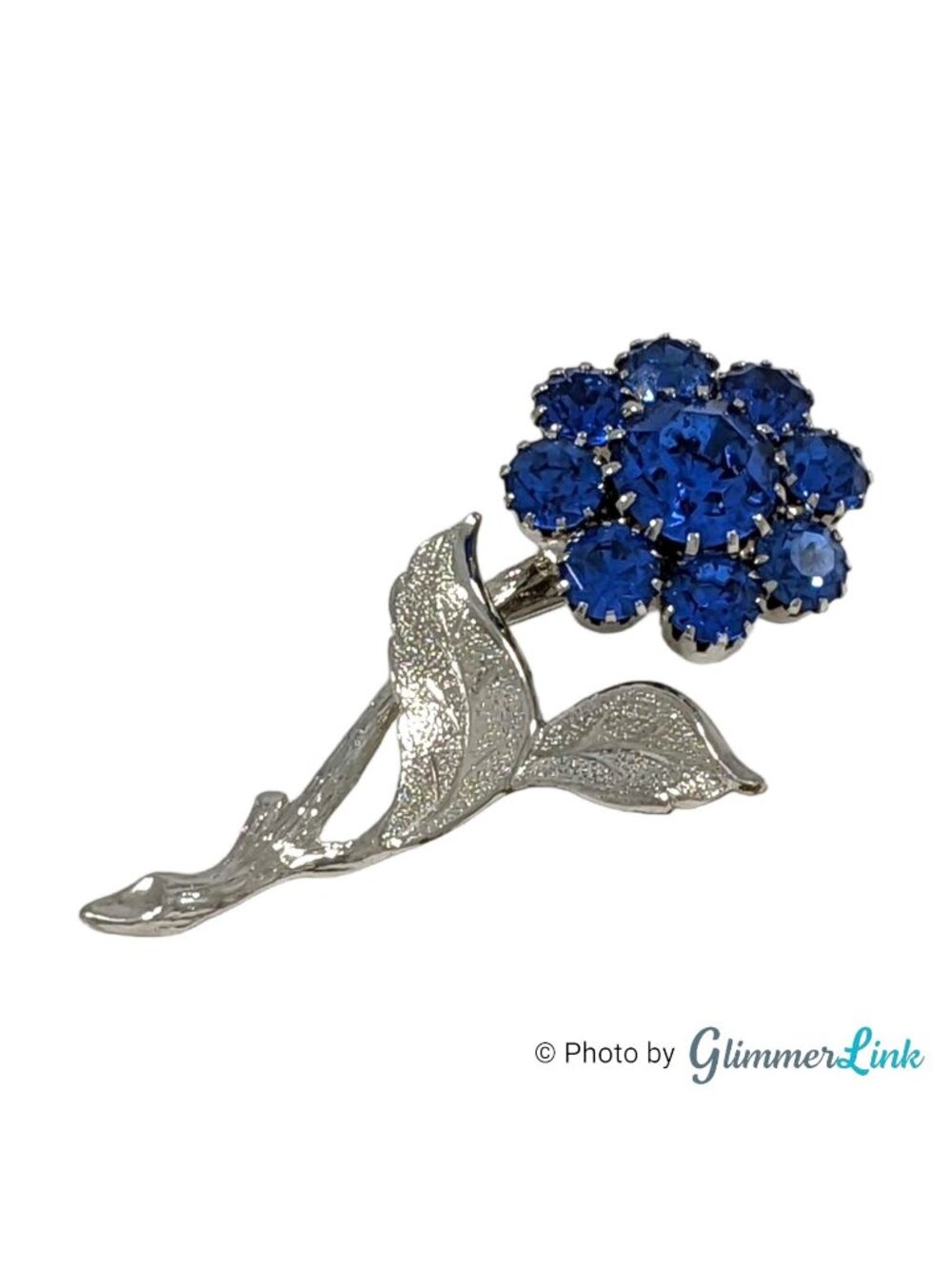 Vintage Deep Blue Rhinestone Flower Brooch Silver Tone 2 1/4"